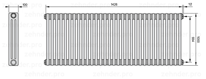Схема (чертеж) Радиатор Zehnder Charleston 3100/31 №7610 Белый глянцевый RAL 9016